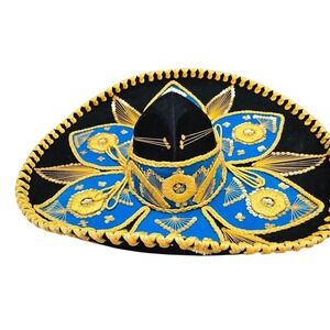 Pigalle Mexican Hat Black Velvet Gold Blue XXXXX 8"D Made in‎ Mexico